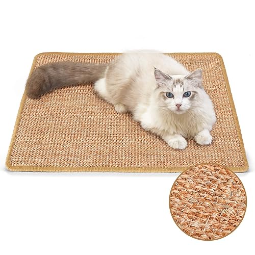 FUKUMARU Cat Scratcher Mat, 23.6 X 15.7 Inch Natural Sisal Cat Scratch Mats, Horizontal Cat Floor Scratching Pad Rug with Sticky Tapes, Protect Couch and Carpets - Brown-23.6 x 15.7 Inch
