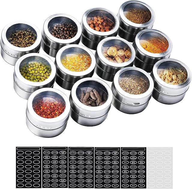 SZILBZ Spice Jars 12 Set, Stainless Steel Transparent Top BBQ Spice Tin Magnetic Storage Containers Stick on Refrigerator and Grill, with 120 Spice Stickers