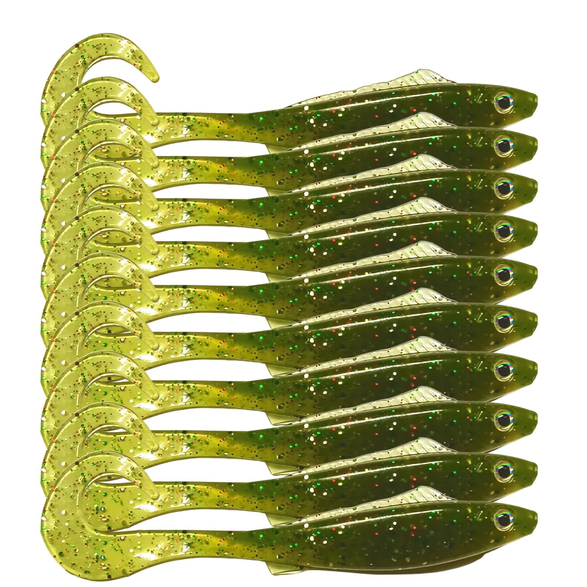 Curly Tailed Minnow (10cm) – Soft Silicone Body Fishing Lure, Lifelike Design, Easy Shiner – Great for Bass, Walleye, Pickerel, Trout – Swim Bait Set – Green/Pack Of 10