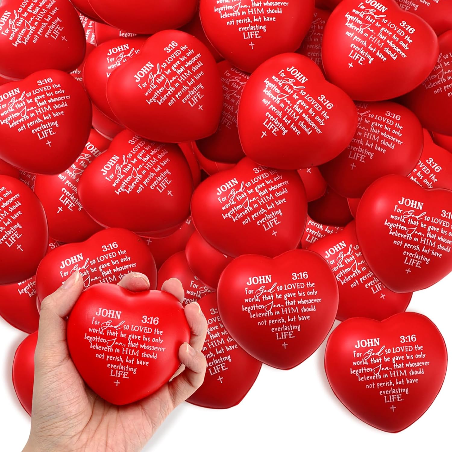 Meooeck 24 Pcs Easter Christian Heart Stress Balls Bulk 2.76'' John 3: 16 Stress Relief Balls Jesus Bible Quotes Religious Gifts for Church Sunday School First Communion Party Favors (Red)