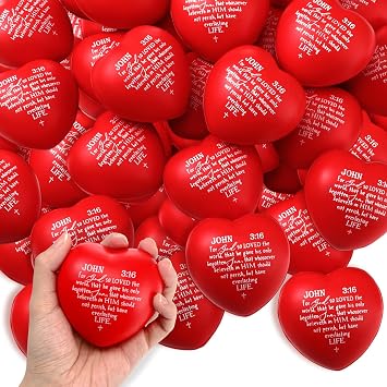 Meooeck 48 Pcs Christian Heart Stress Balls Bulk John 316 Bible Verse Squeeze Toys Religious Gifts for Church Sunday School Baptism Communion Encouragement Red