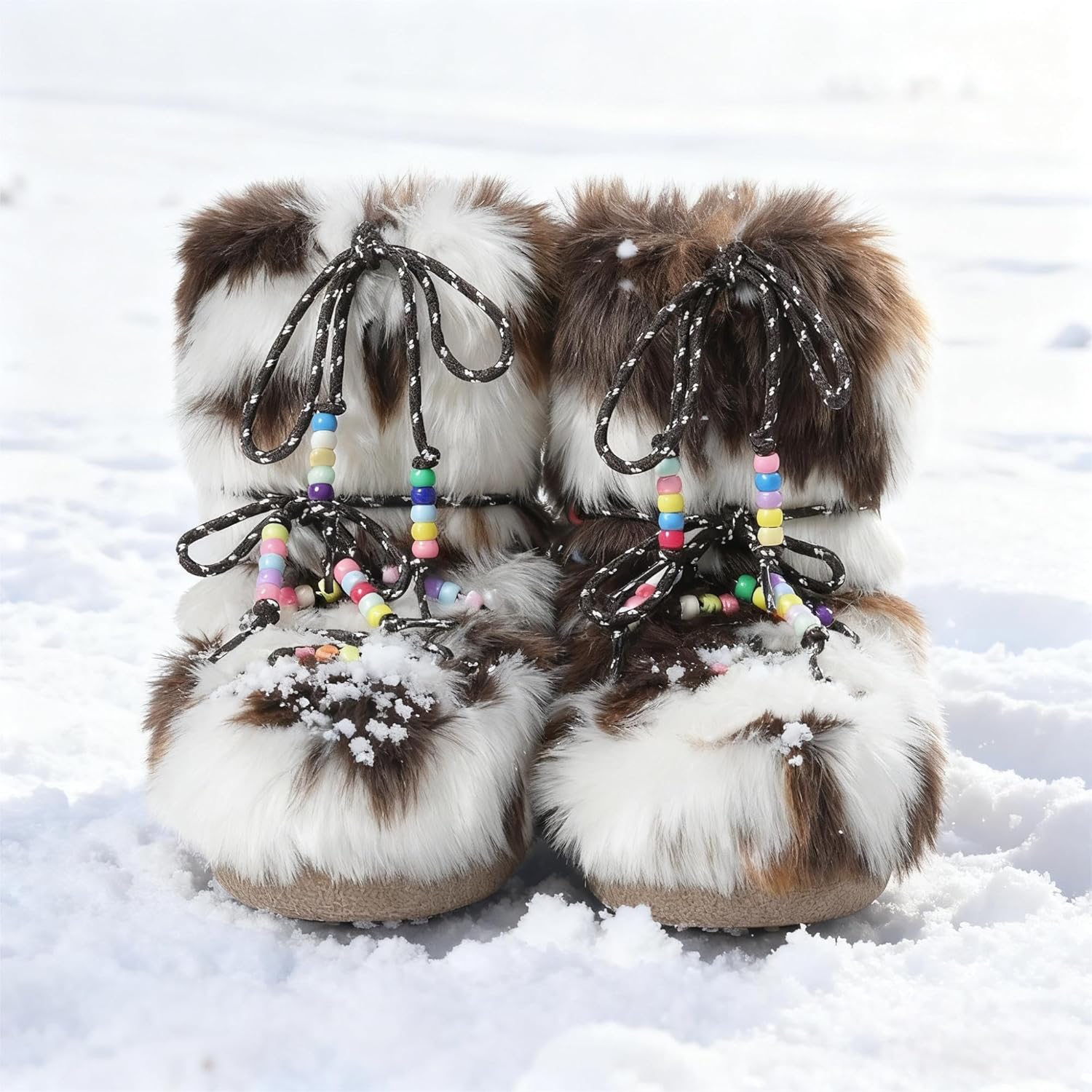 Women Snow Boots Faux Fur Mid Calf Boots Lace-up Fluffy Fuzzy Warm Comfortable Non-slip Round Toe Winter Flats Shoes