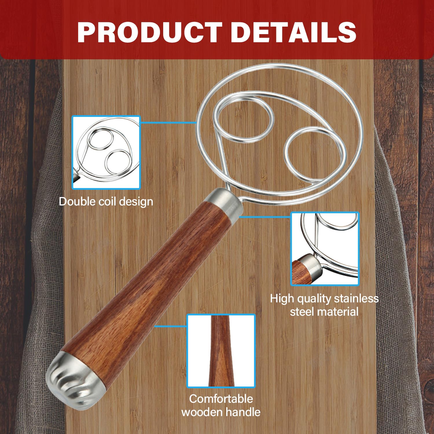 Danish Dough Whisk, Double Eyes Stainless Steel Bread Dough Whisk - Image 3