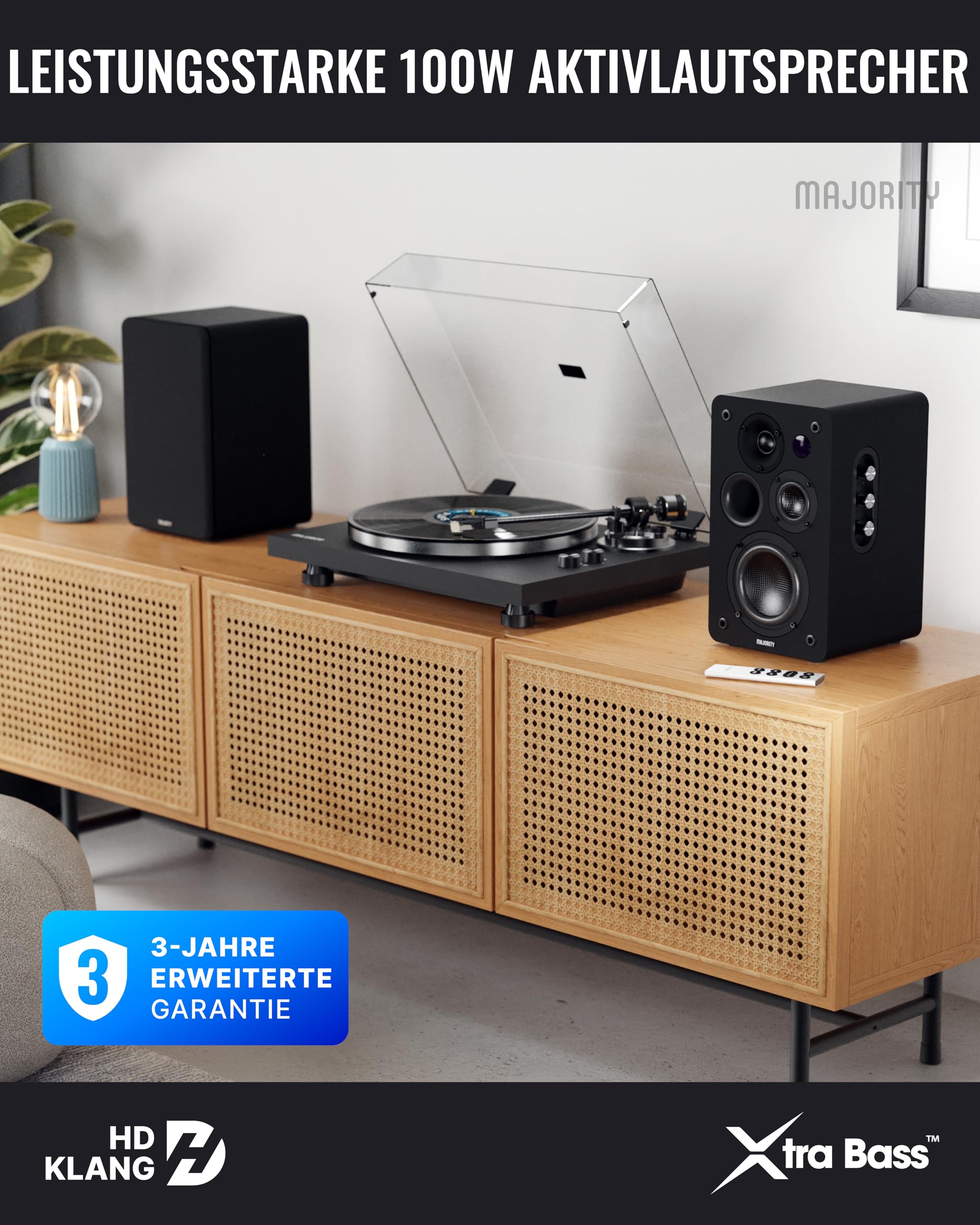 MAJORITY D100X Lautsprecher Boxen Bluetooth 5.3 | 100W Dreifach-Carbonfaser-Treiber PC Lautsprecher | Aktivlautsprecher HDMI ARC | Regallautsprecher mit RCA, Optich, Phono & AUX (Schwarz)