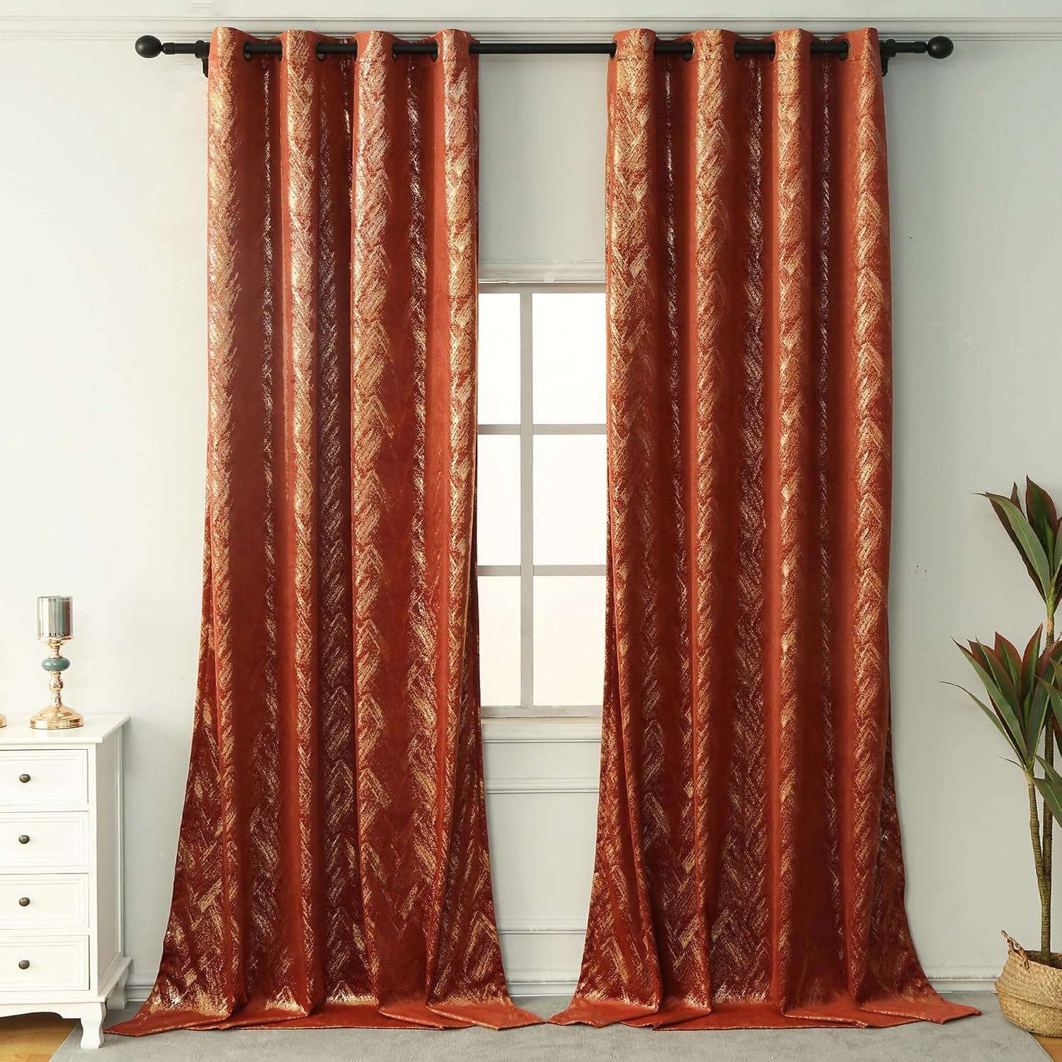 Burnt Orange Velvet Curtains, 52 x 96 Inch, 2 Panel