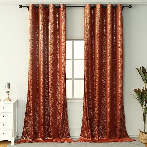 Miniatura 2 de Cortinas de terciopelo naranja quemado, estampado dorado champán, patrón geométrico brillante, sala de estar, dormitorio, aislamiento térmico