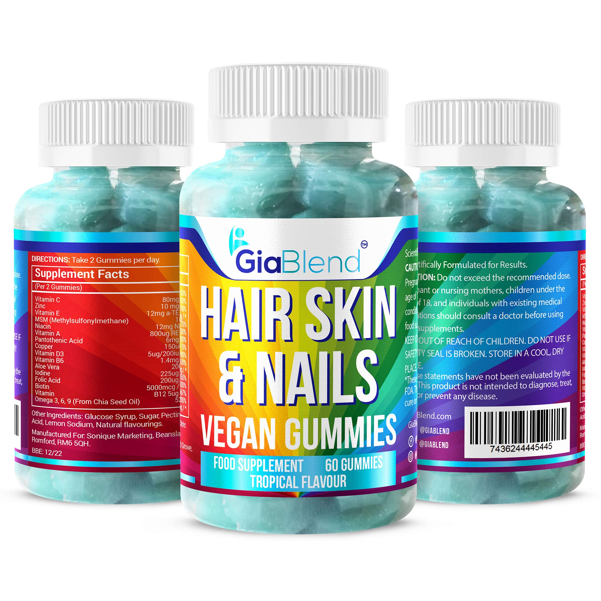GiaBlend Hair, Skin & Nail Gummies - Longer Thicker Hair, Glowing Skin & Strong Nails with Biotin. Vegan & Gluten Free.