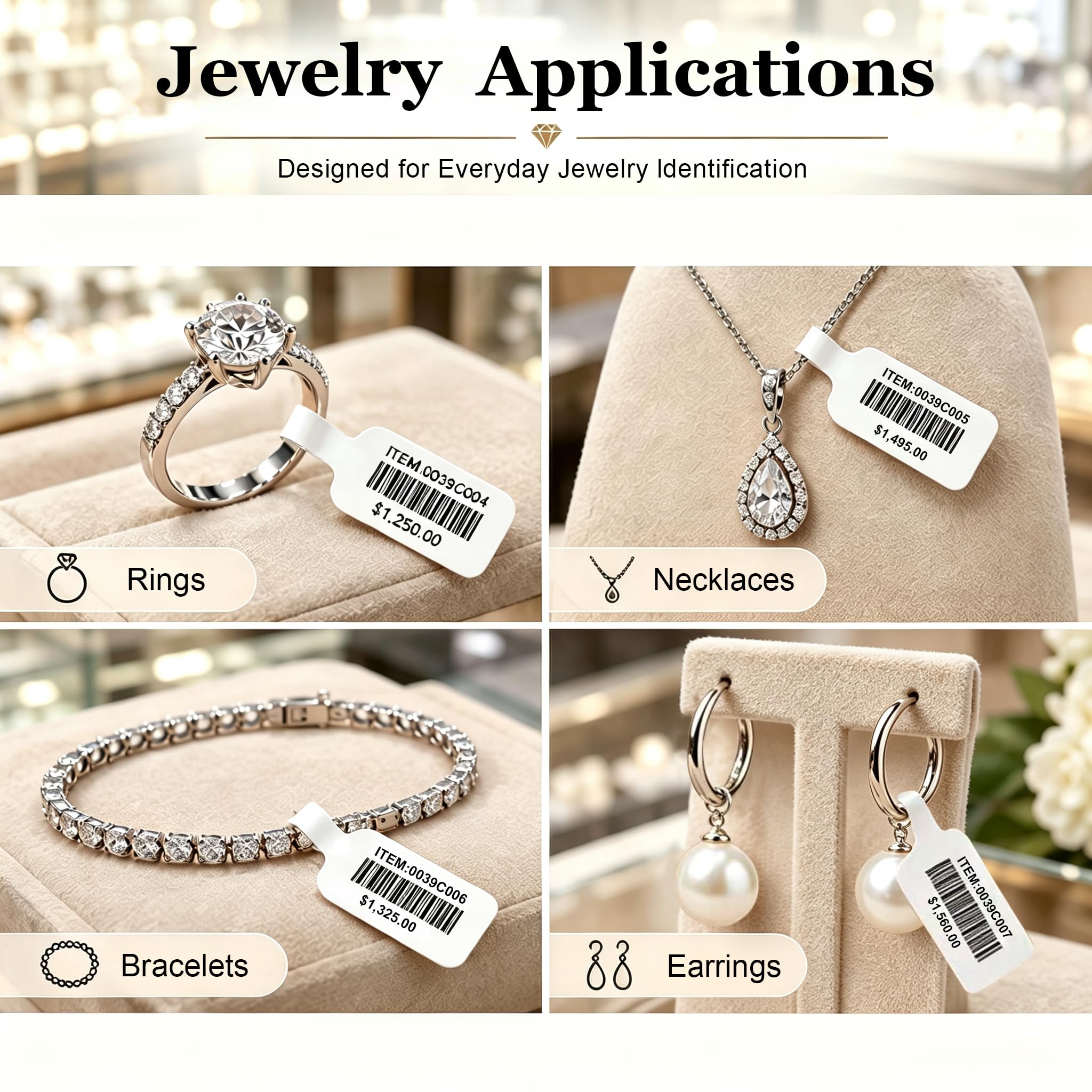 Étiquettes à bijoux en PET de 5,6 x 1,3 cm avec ruban en résine de 5,69 cm
