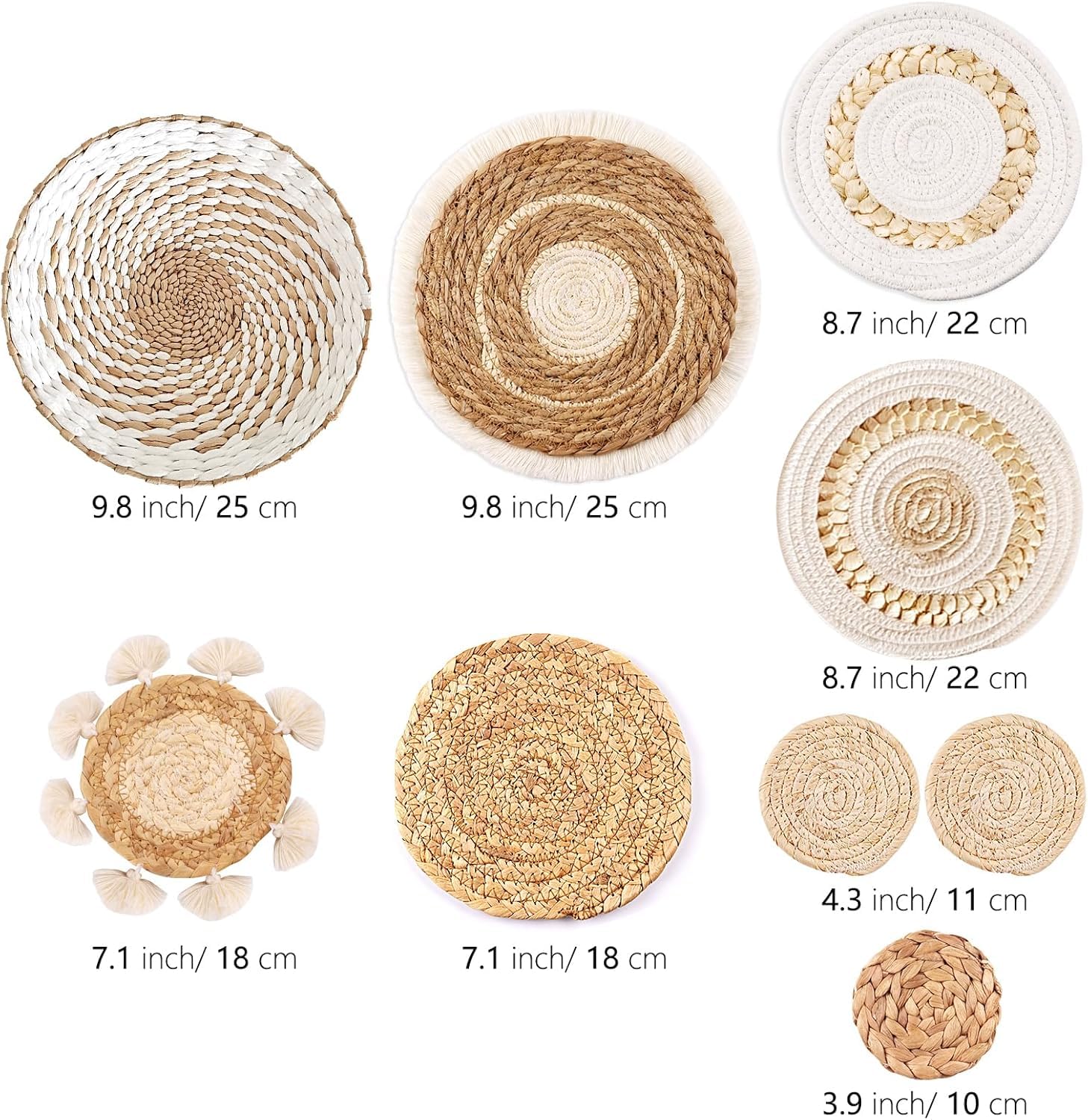 Lot de 9 paniers muraux tissés bohèmes en jonc de mer et rotin - Décoration murale ronde écologique pour ferme, chambre à coucher, salon, cuisine, table