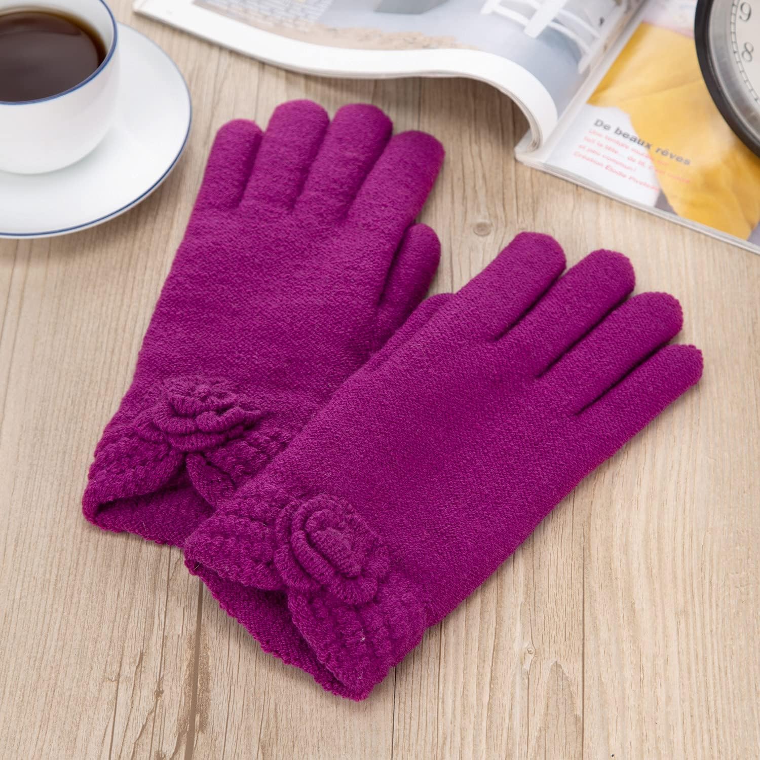 Be Your Own Style Women’s Winter Fashion Flower Cuff Warm Faux Fur Fleece Lined Knit Gloves - Image 4