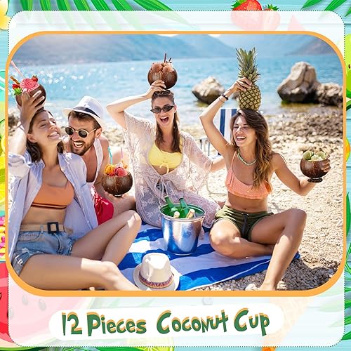 Miniatura 4 de Tioncy 12 tazas de coco de 13.5 onzas con temática hawaiana, cuencos de coco pulidos, recuerdos de fiesta de Luau, decoraciones de fiesta Tiki para