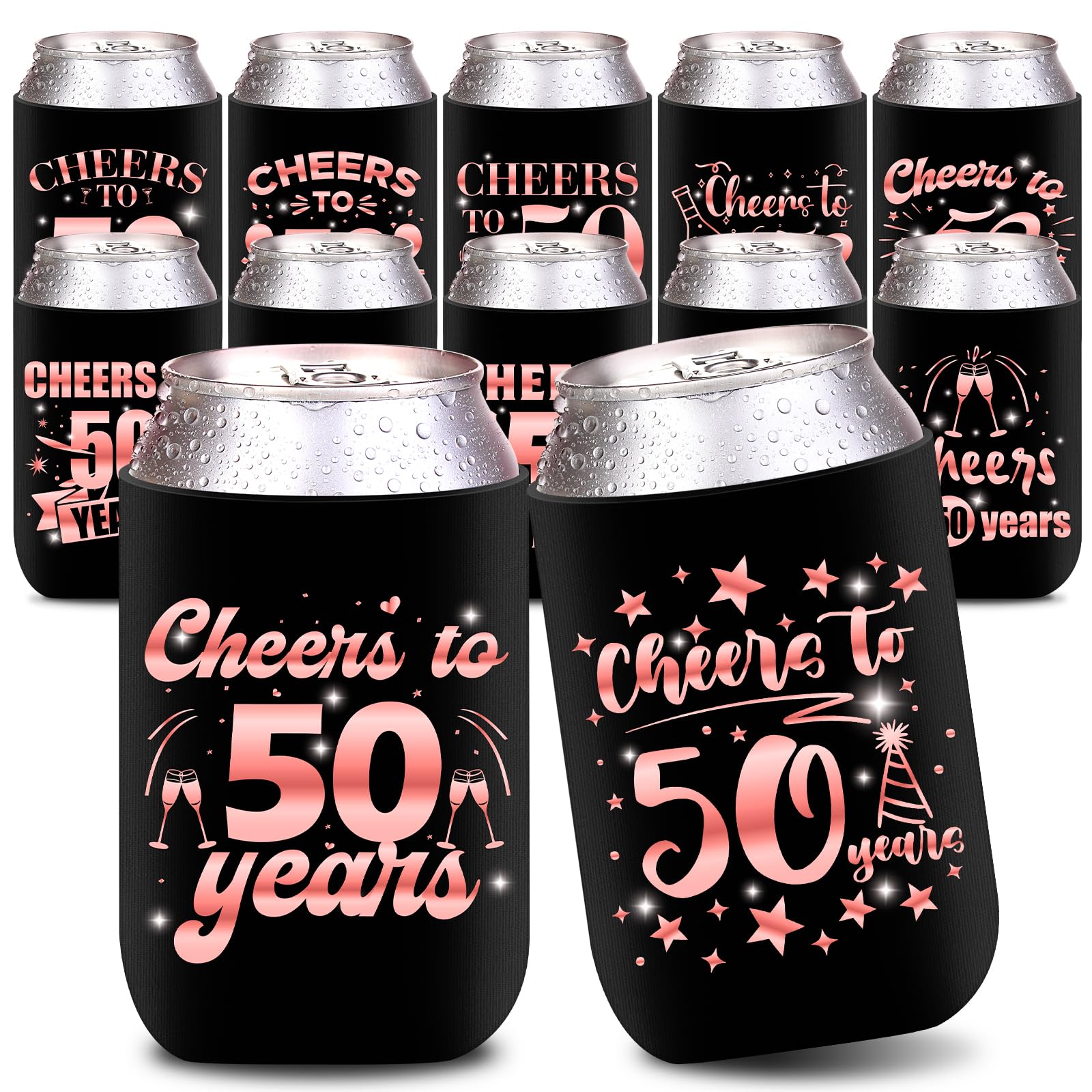 12pcs Can Cooler Sleeves - Rose Gold 50th Birthday Decorations for Women - Beverage Can Cooler Sleeves for Cheers to 50 Years Old Party Supplies Gift