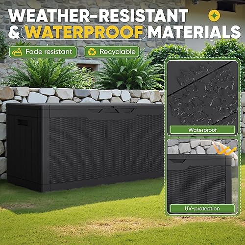 Vista 93 de Greesum Caja de resina de 31 galones para todo tipo de clima, cajas de almacenamiento al aire libre para muebles de patio, juguetes al aire libre