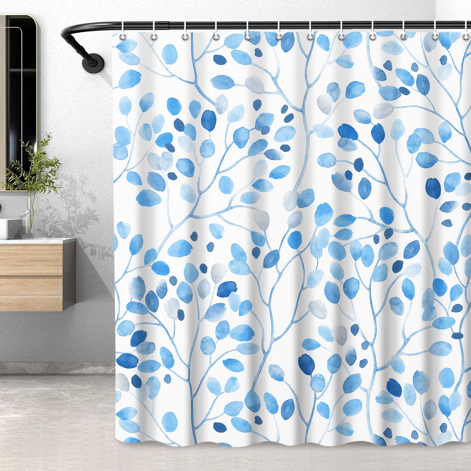 LXBNI Extra Long Blue Shower Curtains for Bathroom, Watercolor Leaf Washable Floral Shower Curtain, Bathroom Decor Polyester Waterproof Curtain with Hooks,72 x 84 Inches