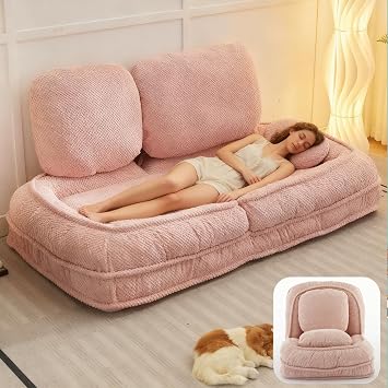 Foldable Lazy Sofa Bed, Convertible Floor Sofa Chair with 5 Positions Adjustable Backrest, Comfy Upholstered Lazy Floor Chair Bed with 2 Removable Soft Cushions, 1-Pink