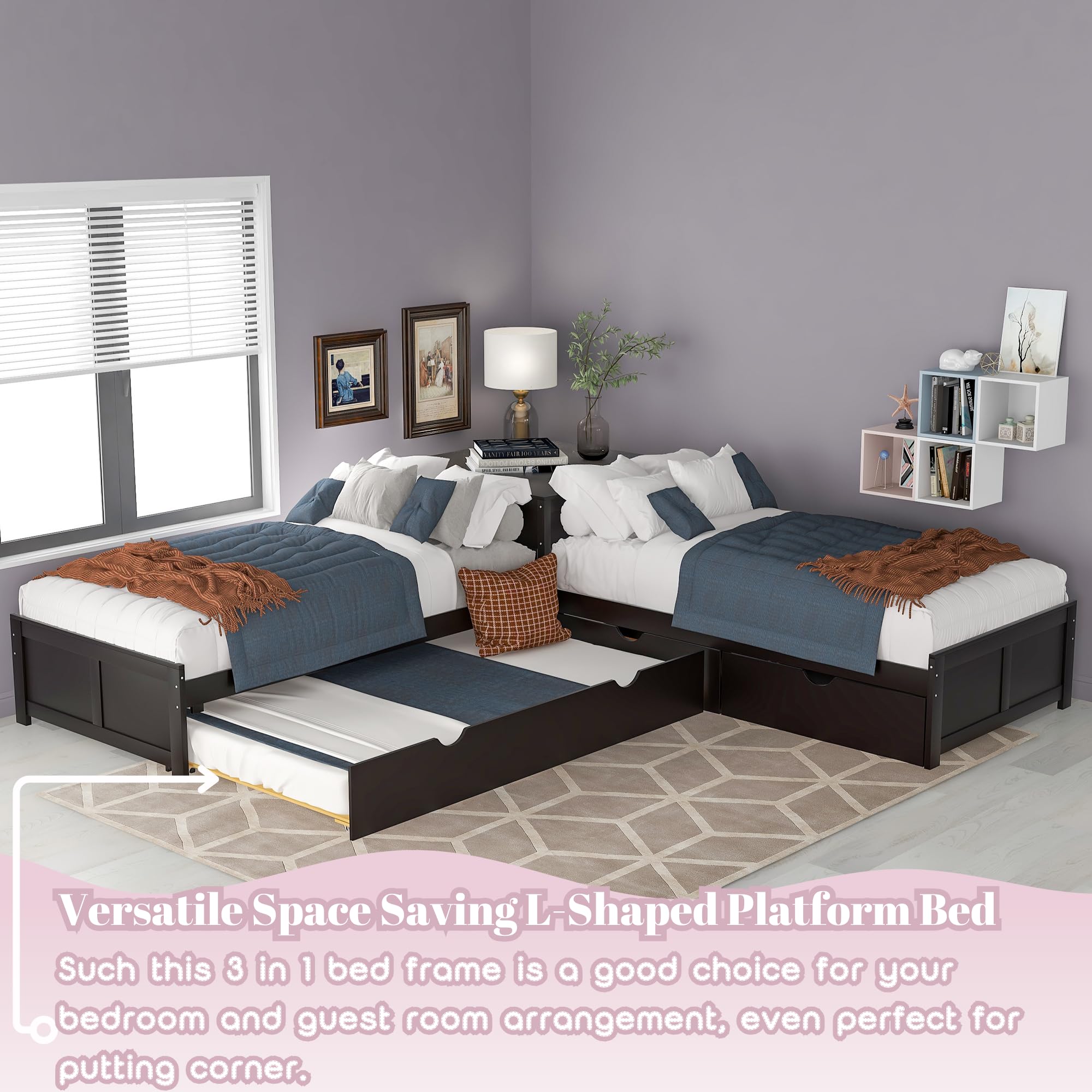 L-Shape Twin Platform Beds with Trundle Wood Corner Daybed with 2 Storage Drawers and Desk for Living Room, Kids/Teens’ Bedroom, Guest Room, Espresso