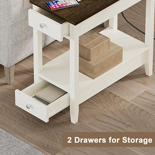 Miniatura 5 de Treocho Juego de 2 mesas auxiliares de granja para sala de estar, mesa auxiliar estrecha con estación de carga, mesa blanca suave para espacios