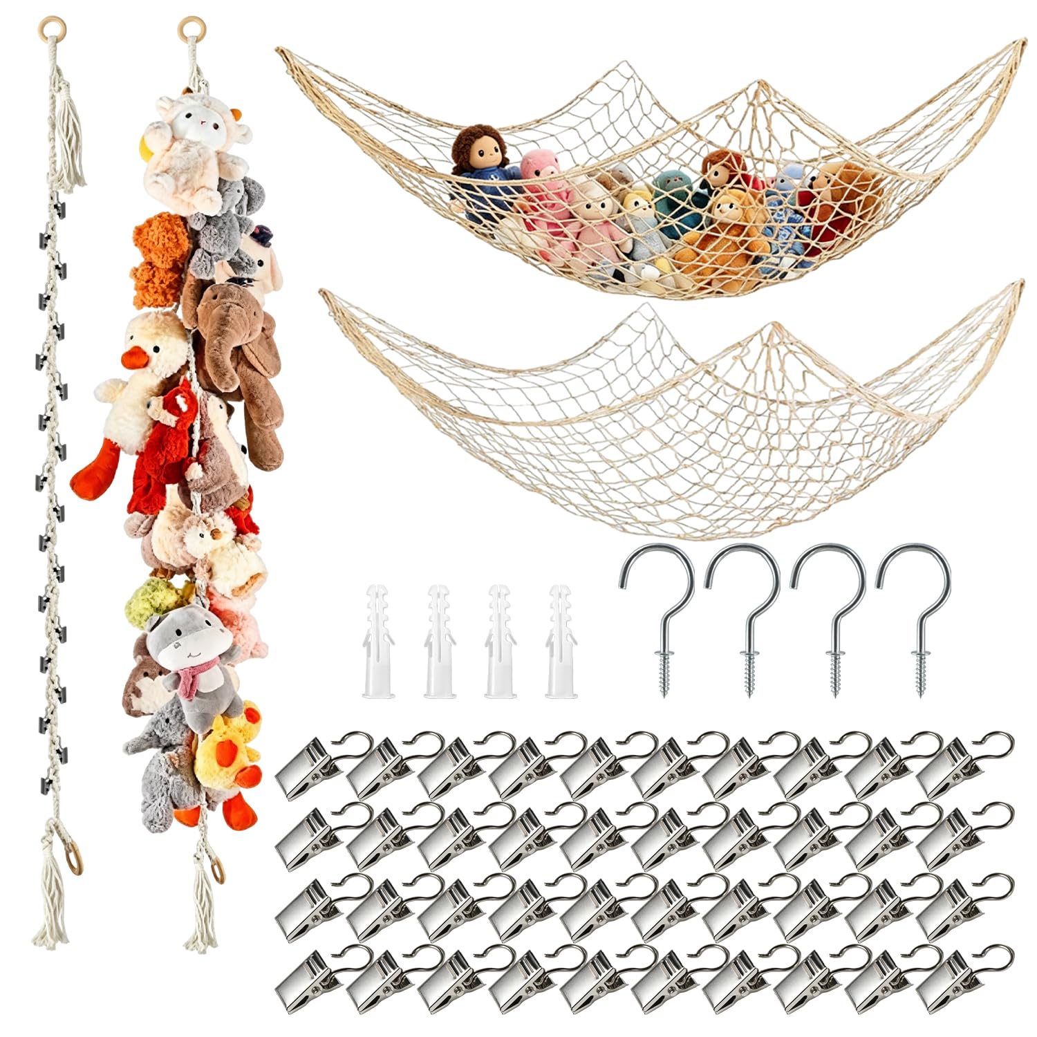 4 Pieces 2M Rangement Peluche Filet Tressé Bohème pour Jouets avec 2 Cordon de Suspension et 2 Hamac de Rangement avec 40 Pinces 4 Vis à Tête pour Rangement Maison