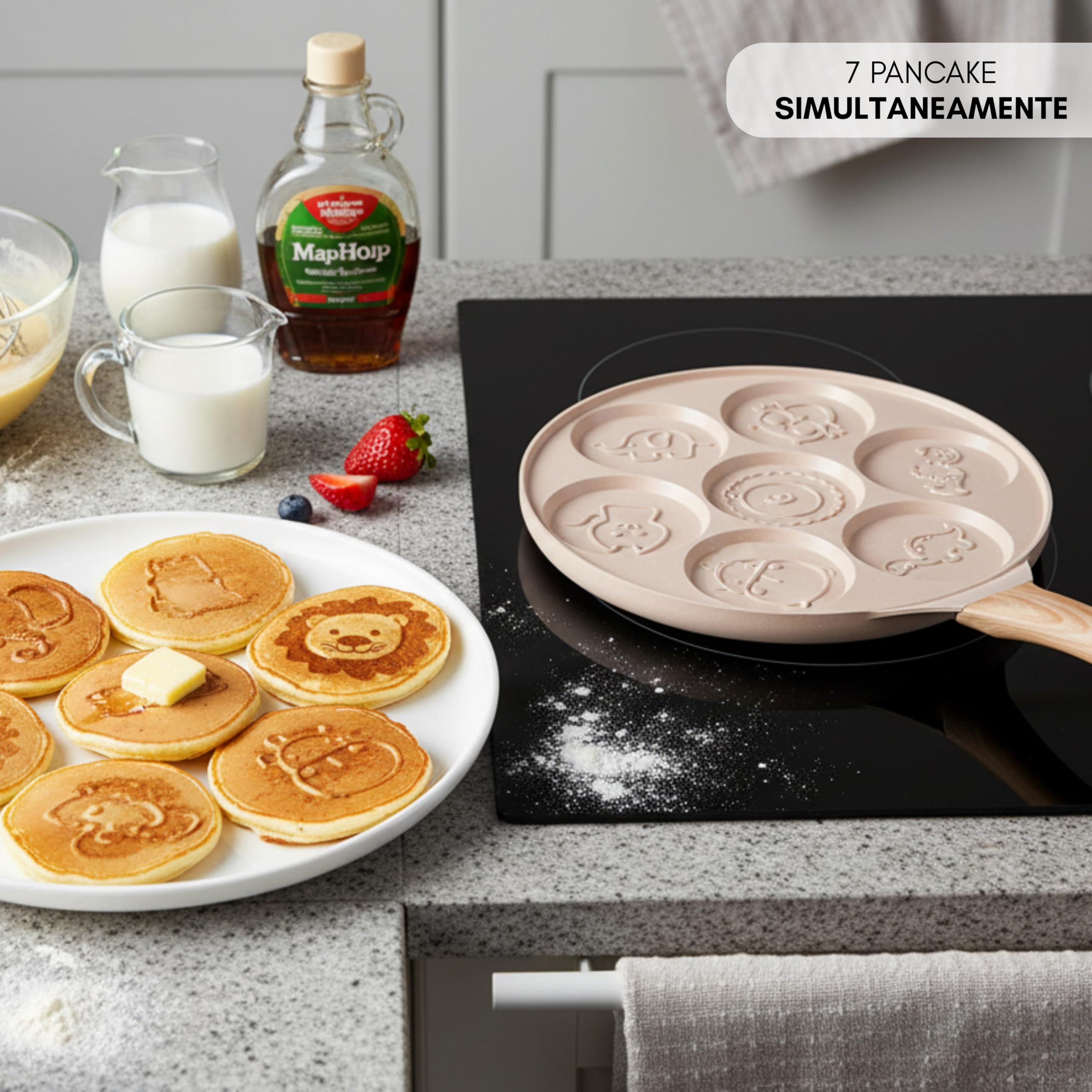 Erreke Padella per Pancake, Crepiera, Tutti i Piani Cottura e Induzione, Doppio Rivestimento Antiaderente, Design Animaletti, Manico Soft-Touch, 7 Pancake o Crepe, 26 cm Colore Beige