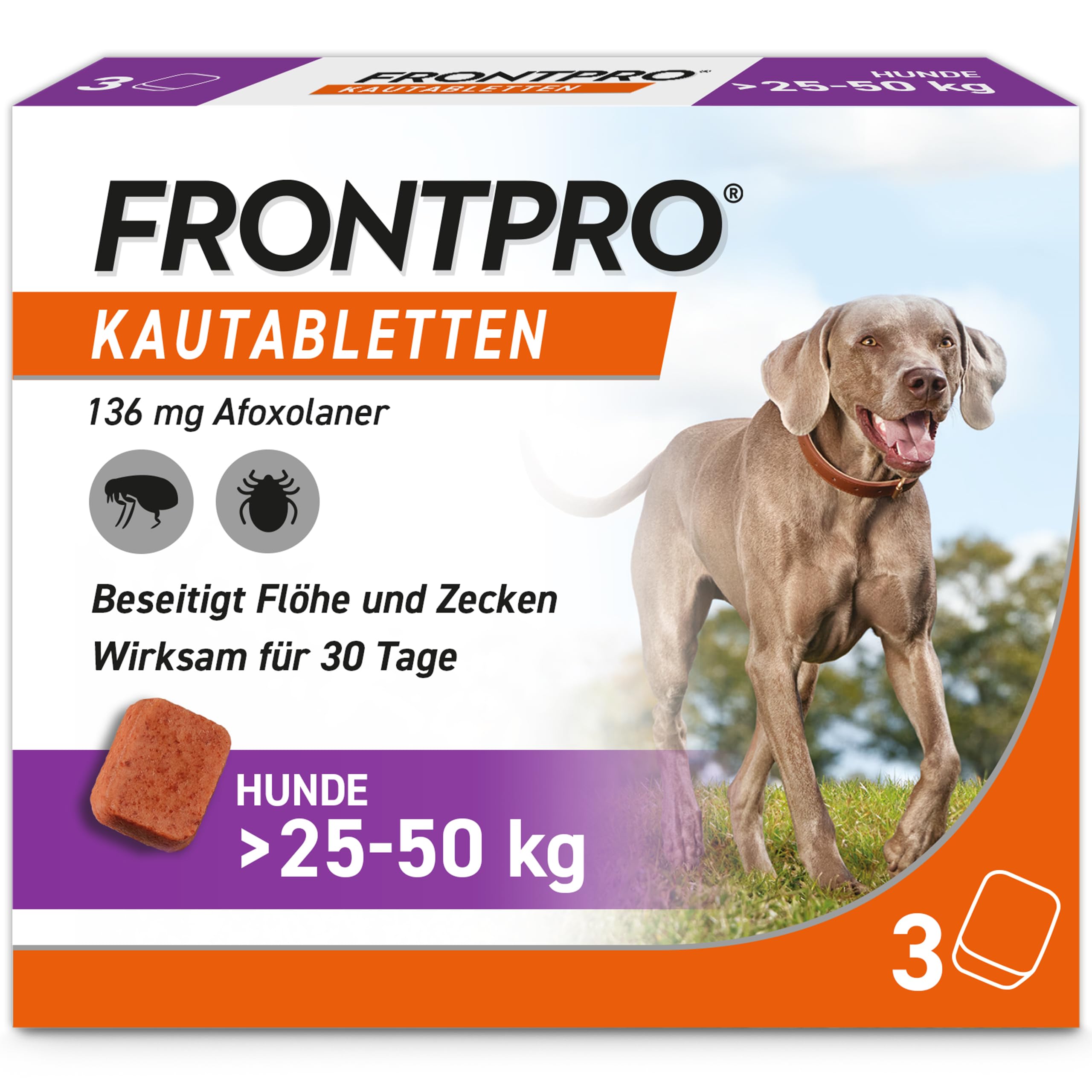 FRONTPRO Hund XL - Kautablette gegen Zecken & Flöhe (Hunde 25 bis 50 kg) | 3x Kautabletten für 3 Monate Zecken- & Flohschutz - schmeckt einfach mit oder ohne Futter - schnelle Wirkung