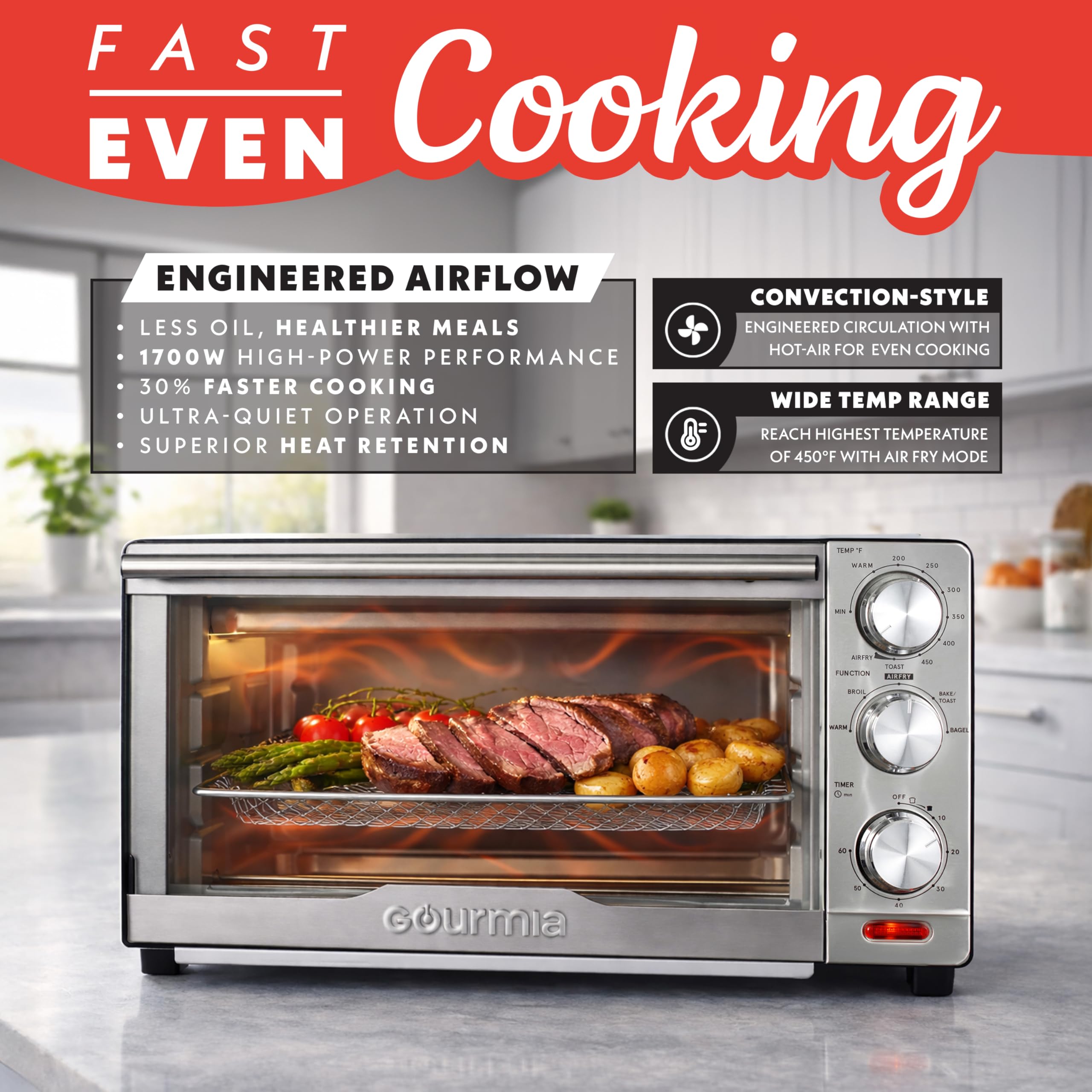 Gourmia Combinazione tostapane friggitrice ad aria, 6 in 1, multifunzione, temperatura e timer regolabili, cestello per friggere, teglia, griglia per forno e vassoio raccogli briciole estraibile, in