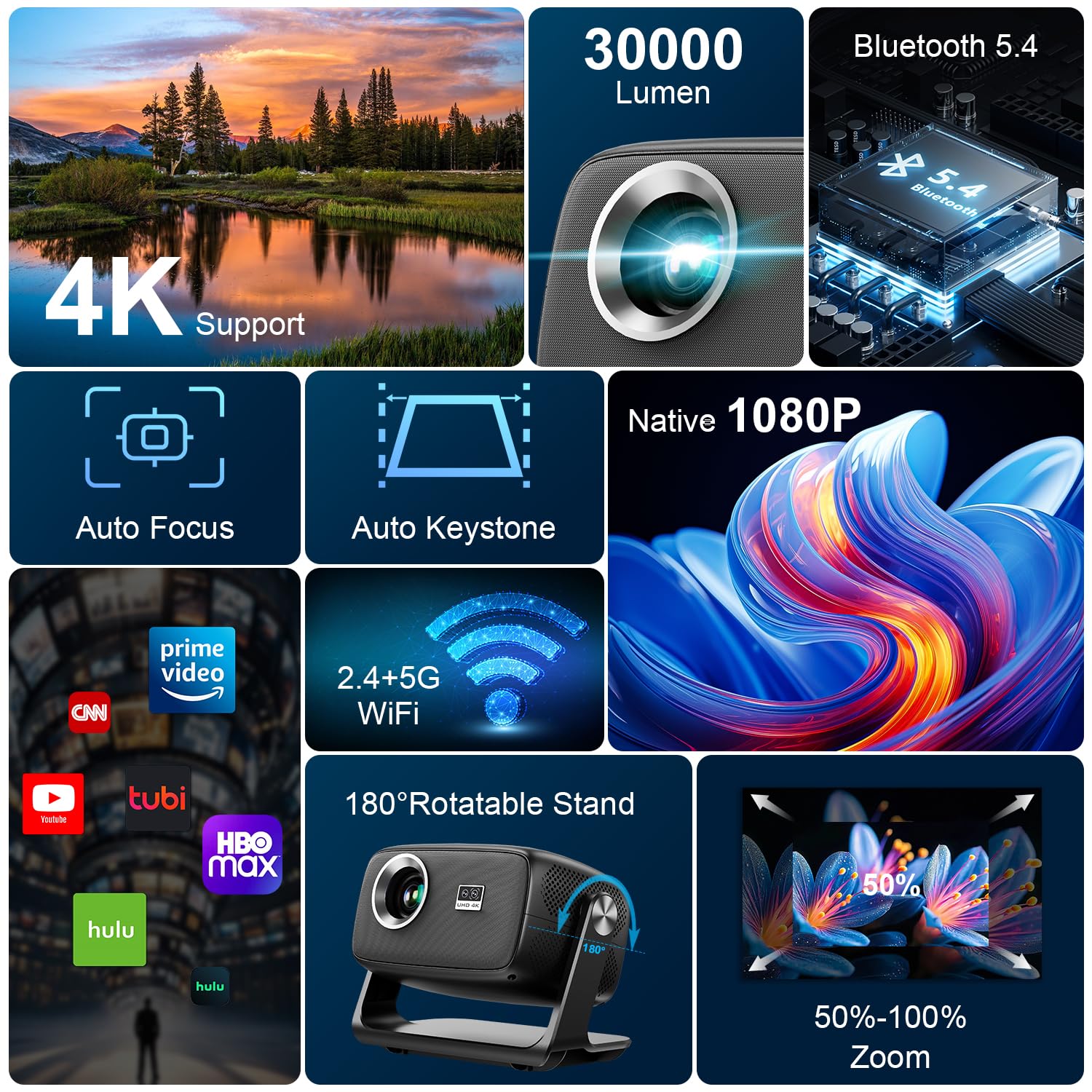 Proyector 4K, Proyector Portatil WiFi 6 y Bluetooth 5.4, 30000 Lúm Projector de Cine Soporte Enfoque Automático y Rotación 180°, Projector para Teléfono/TV Stick/PC/PS5