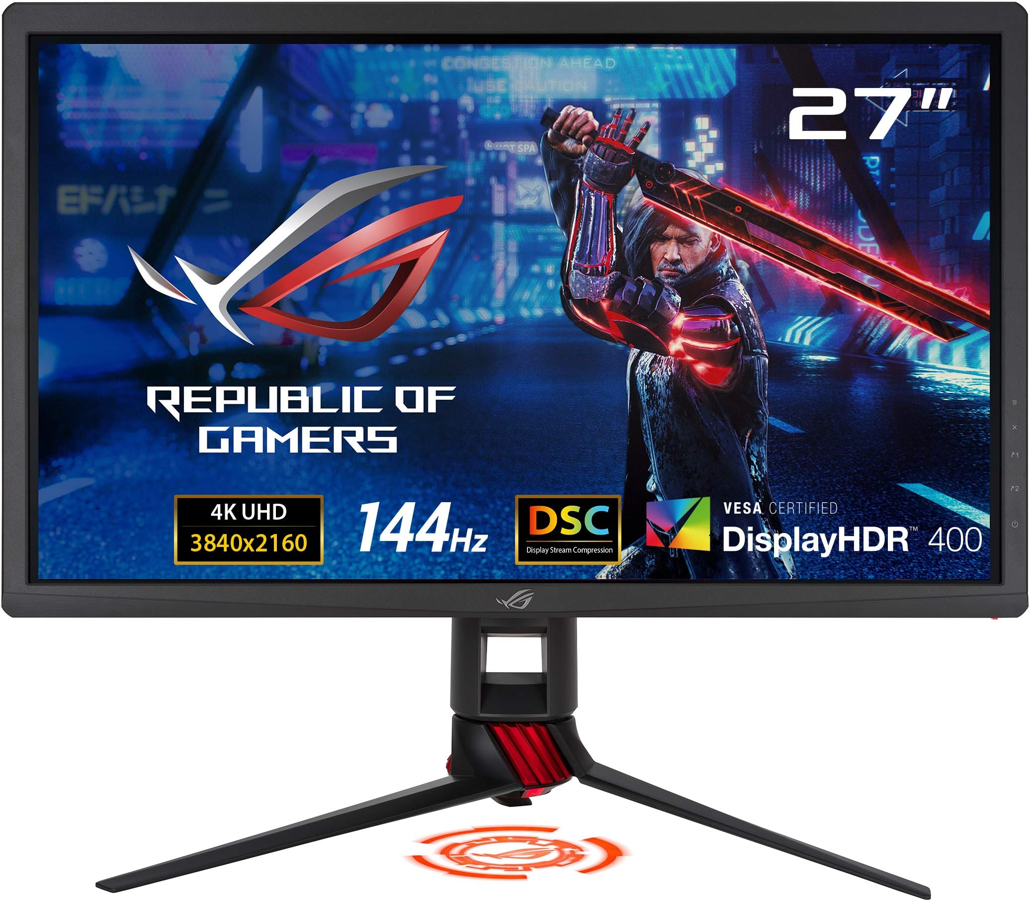 ASUSROG Strix 27" 4K HDR DSC Gaming Monitor (XG27UQ) - UHD (3840 x 2160), IPS, 144Hz, 1ms, Adaptive-Sync, G-SYNC Compatible, DisplayHDR 400, 90% DCI-P3, Aura Sync, VESA Mountable, DisplayPort, HDMI
