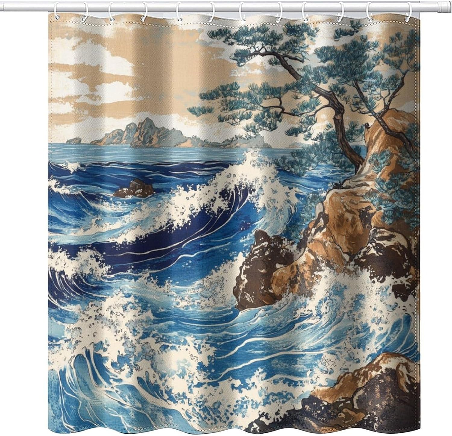 Vintage Waves Shower Curtain, Natural Blue Ocean Watercolor Coastal Waterproof Bath Curtains, Polyester Fabric Bathtub Curtain for Bathroom Decor 72x84Inch(183x214cm)