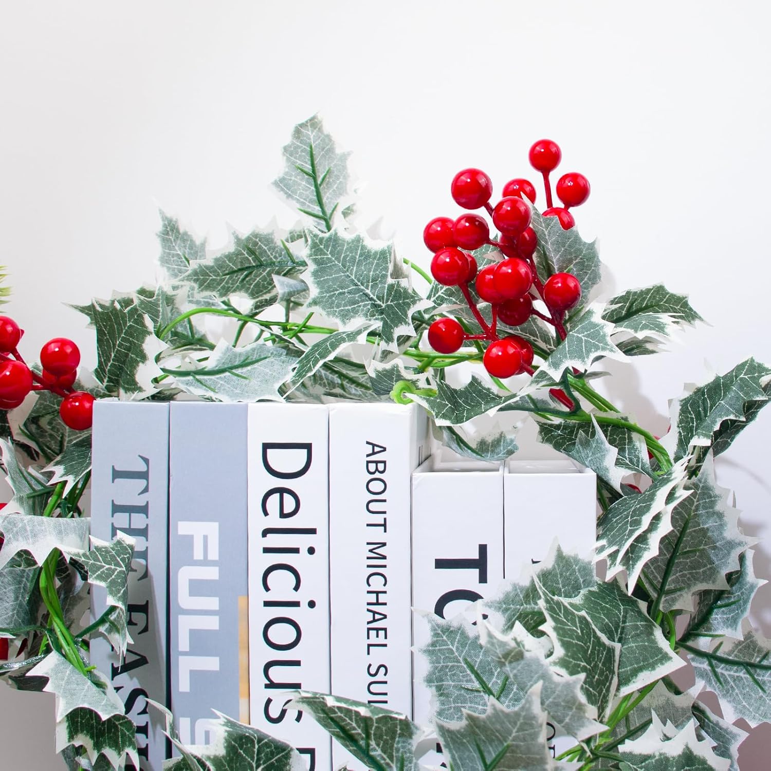 3 Pack Christmas Berry Holly Garlands 25.5 Feet Artificial Greenery Garlands with White-Edged Green Leaves Winter Snowy Hanging Vine for Xmas Home Dining Room Deck Railing Staircase Decorations - Image 7