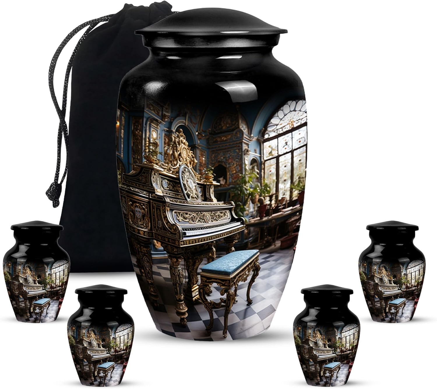 Piano Logo Cremation Urn, 10 Inch Large Cremation Urn for Dad Ashes, Unique Urn for Adult Female, Memorial Urn for Human Ashes, Funeral Urn for Women, Black Urn
