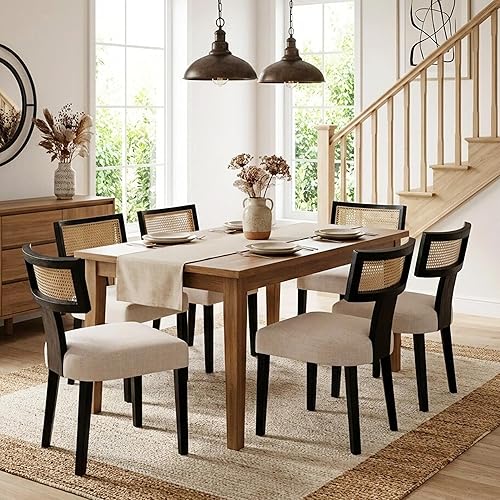 Miniatura 8 de HNY Juego de 2 sillas de comedor de ratán modernas de mediados de siglo, silla decorativa tapizada de lino de granja, sillas de cocina con respaldo