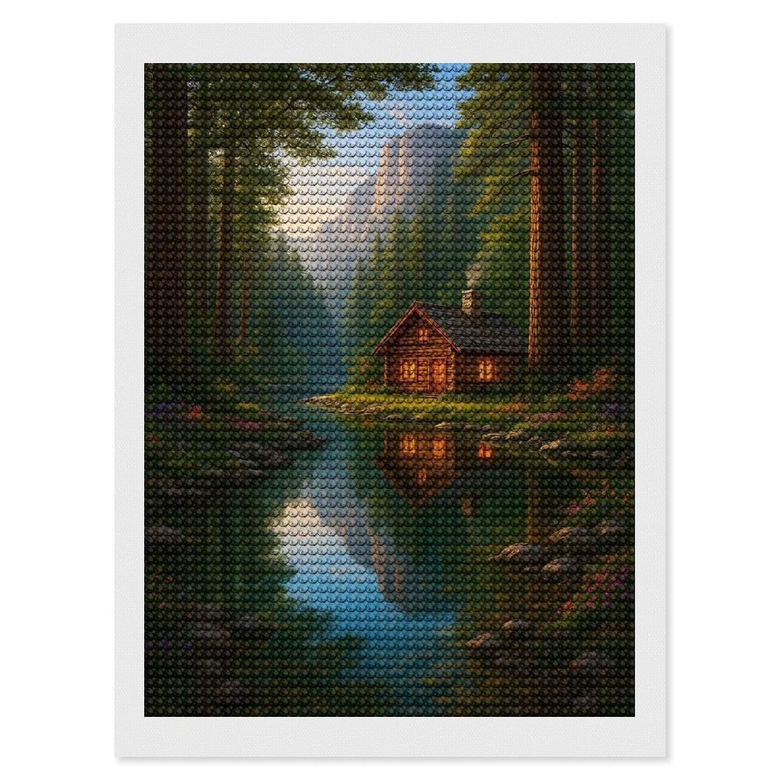 Junmoney Whispers of The Forest Cabin Diamond Art Kit 12"x16", Vintage Style Decor, Stress Relief Craft, Decor Project, Relaxing DIY, Creative Hobby