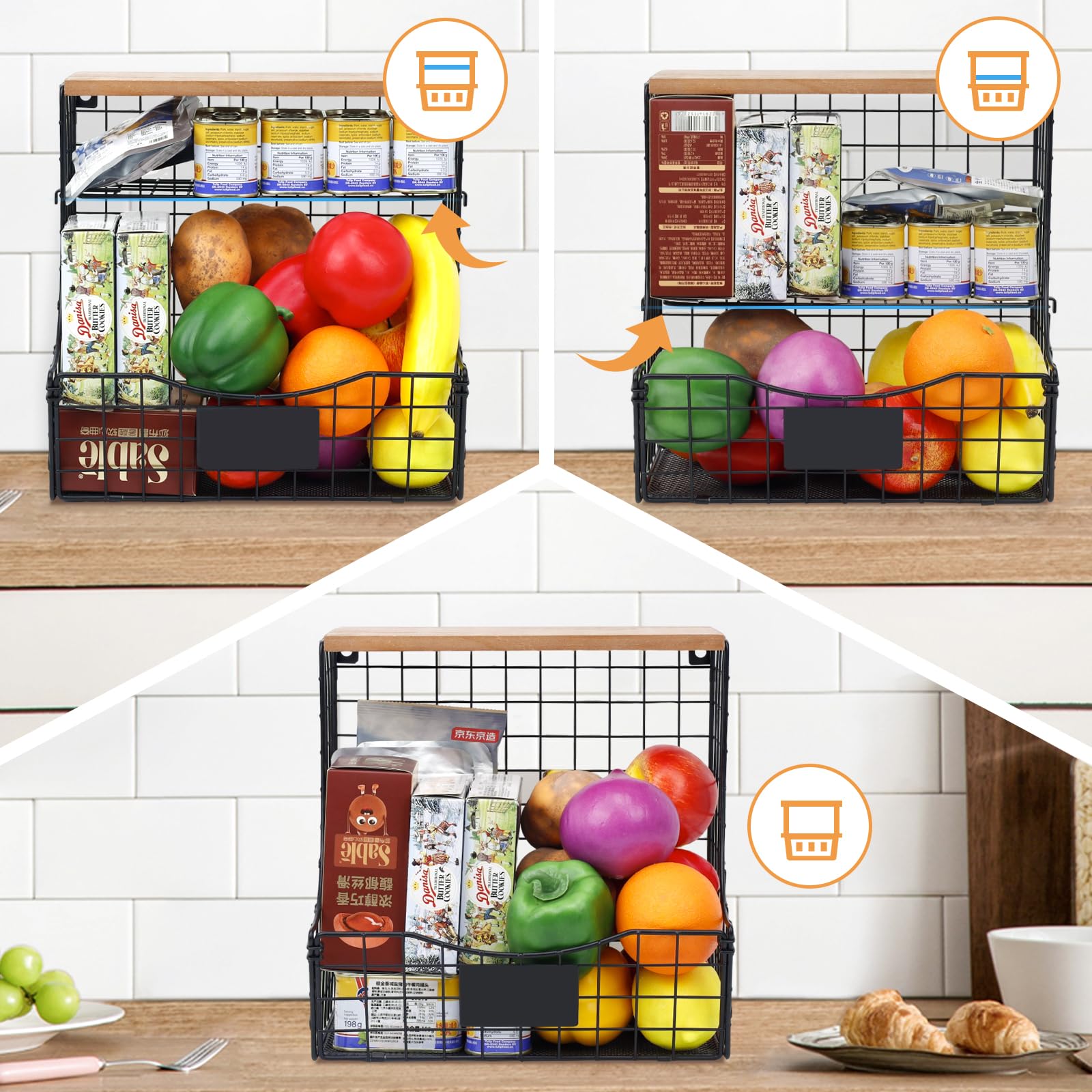 Wuciray 2pcs Obstkorb Hängend Gemüse Aufbewahrung mit Holzdeckel Hängekorb Wand mit Schäler und 5 Haken Obst Etagere fur Aufbewahrung Von… – Ansicht 6