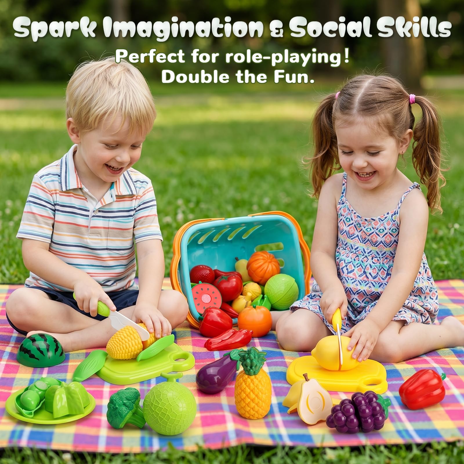 SOCBTNSO Essens-Set mit Filz-Baummatte und Aufbewahrungskorb: Küchenzubehör, Spielzeug, Obst und Gemüse, sensorisches Spielzeug, Montessori-Farbsortierung, Geschenk für 3, 4, 5, 6 Jahre, Kleinkinder