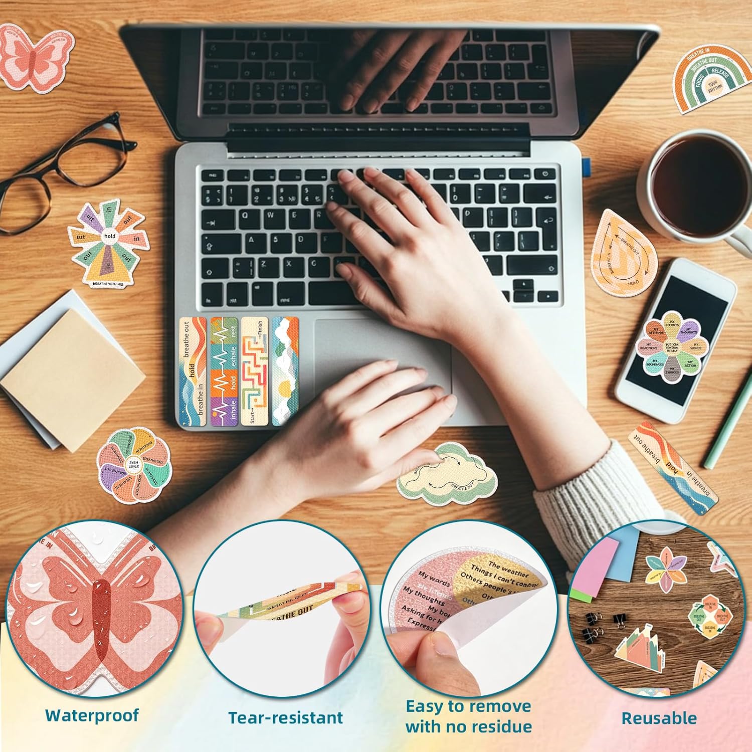 Sensory Stickers Bulk, 150 Pcs Textured Sensory Strips and Fidget Strips with Cute Mindfulness Designs, 2 Tactile Surfaces, Storage Box for Classroom Desks, Office, Adults image 4