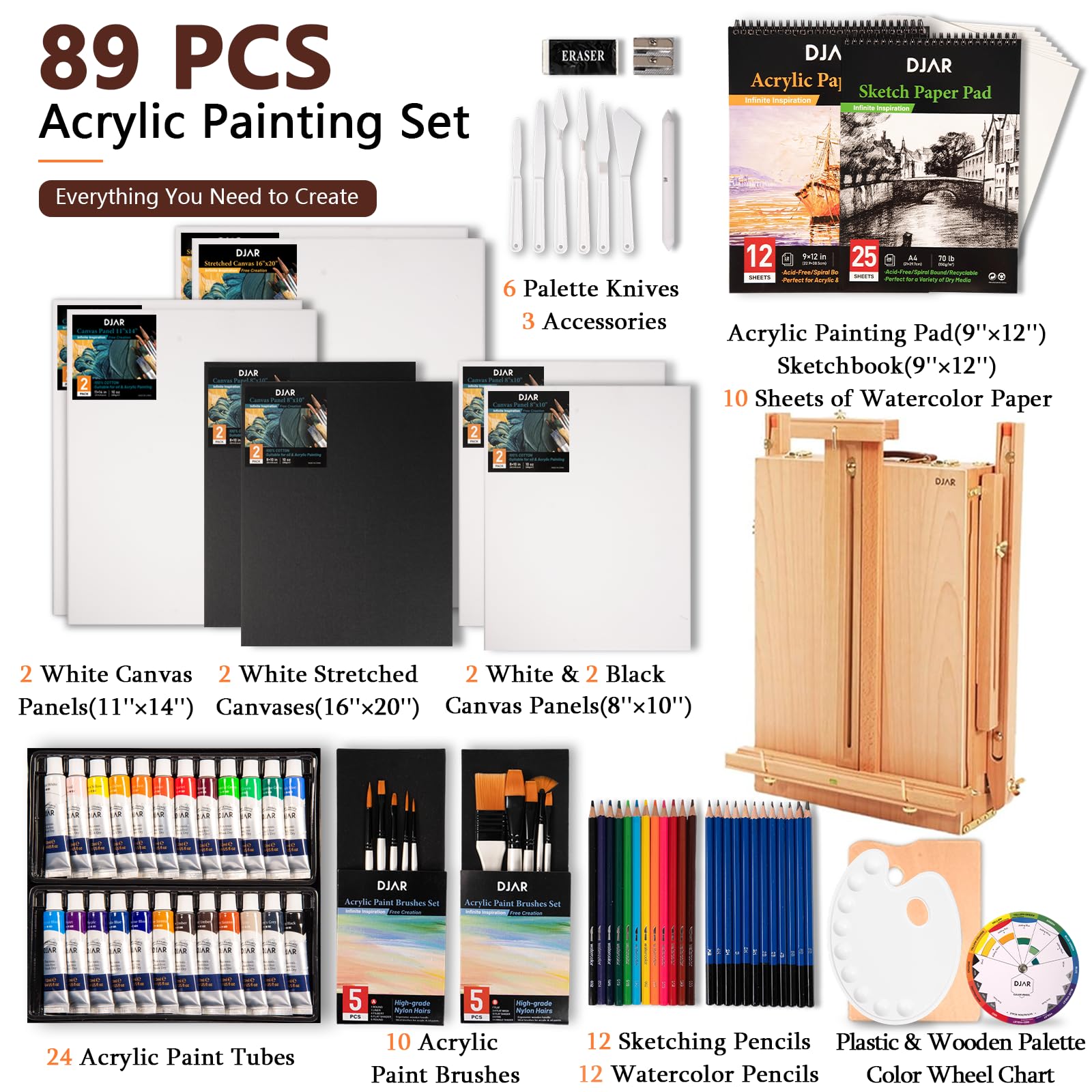 DJAR 89-teiliges Acrylfarben-Set mit französischer Holzstaffelei für Erwachsene | Professionelles Malset mit 24 Farben Acrylfarbe, Leinwand, Pinsel und Kunstzubehör für Studenten, Anfänger