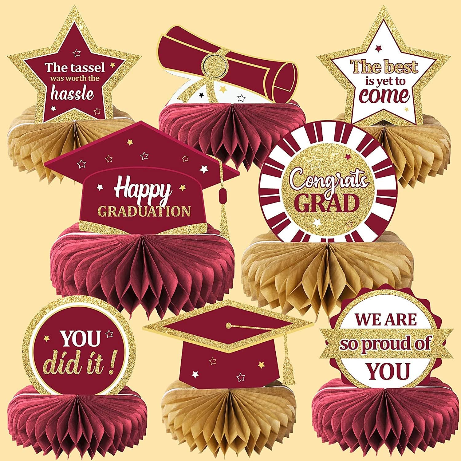 Photo 1 of 2024 Graduation Party Decorations Class of 2024 Congrats Grad Honeycomb Centerpieces Congratulate Graduation Table Toppers for Graduation Party Favor Supplies Maroon 8Pcs