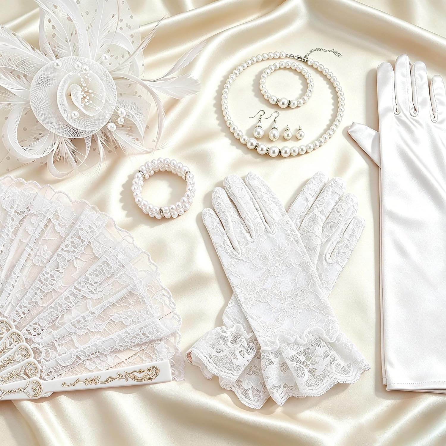 Tea Party Accessories for Women Fascinator Hats Lace Gloves Fan Pearl Set Halloween Cosplay Tea Party Outfit