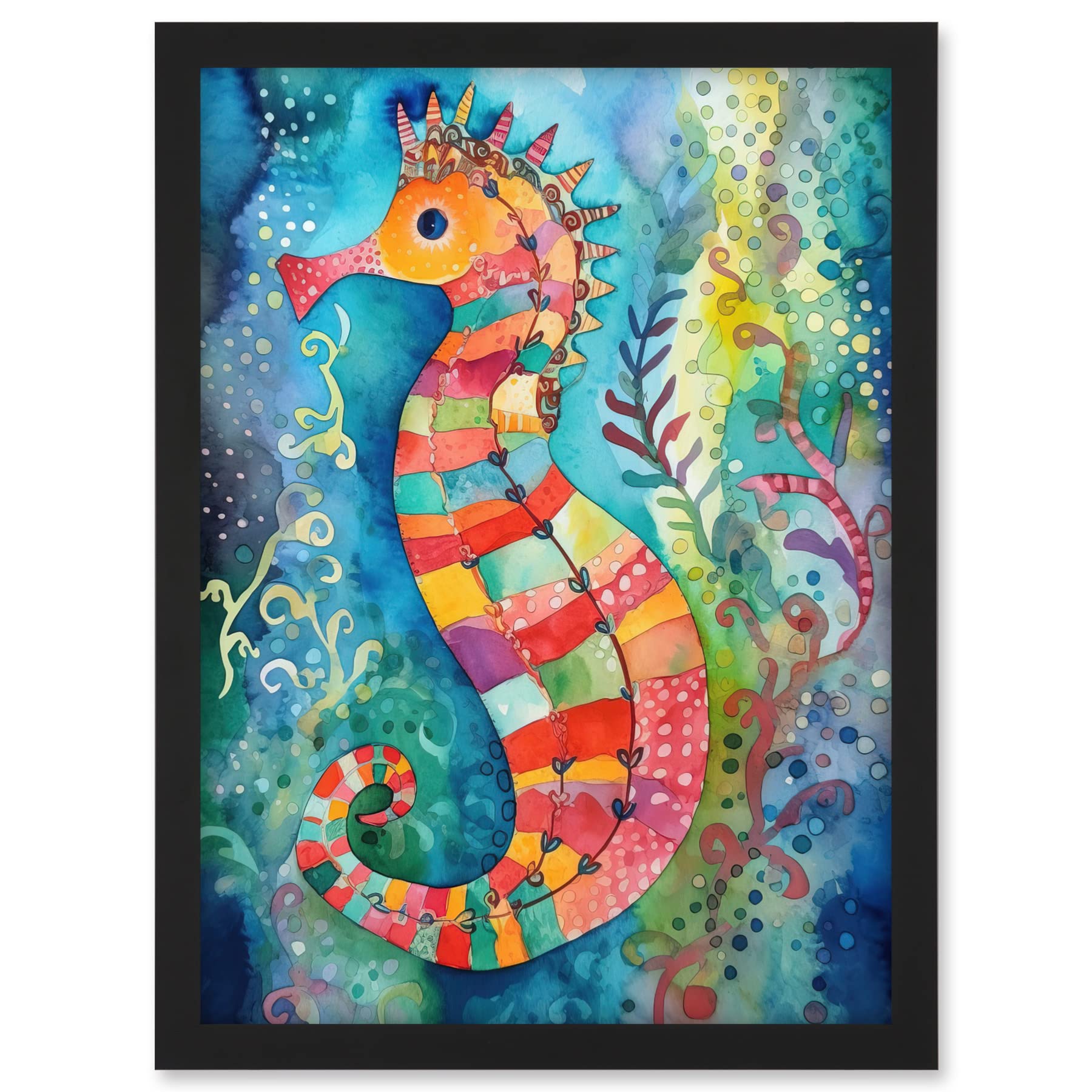 Artery8 Seahorse In Aquatic Plants Folk Art Artwork Framed A3 Wall Art Print