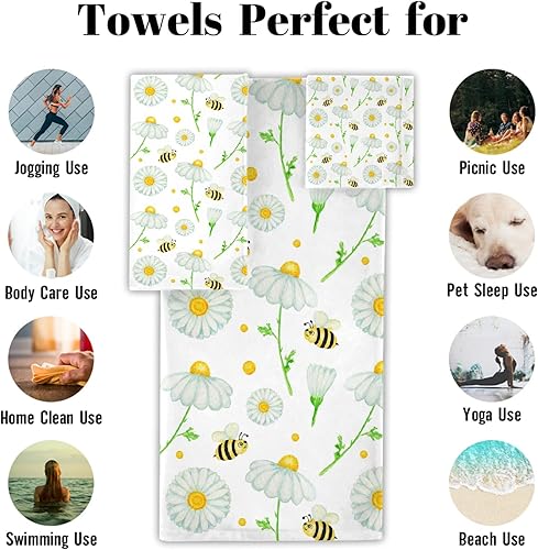 Miniatura 3 de Juego de 3 toallas de baño de flores blancas y abejas, 1 toalla de baño, 1 toalla de mano, 1 toalla, suave, versátil, elegante, toalla de baño
