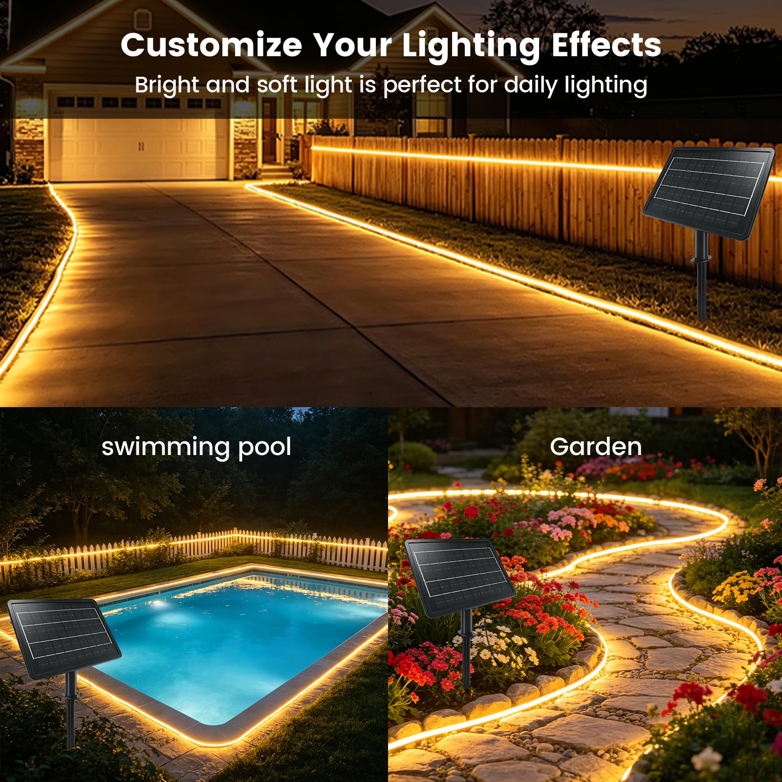 24V 7200mAH Tira LED Solar [10M, Blanco natural 4000-4500K], 240 LEDs/m Tira LED de jardín de silicona solar, flexible e impermeable IP68, 8 modos, iluminación decorativa para el hogar