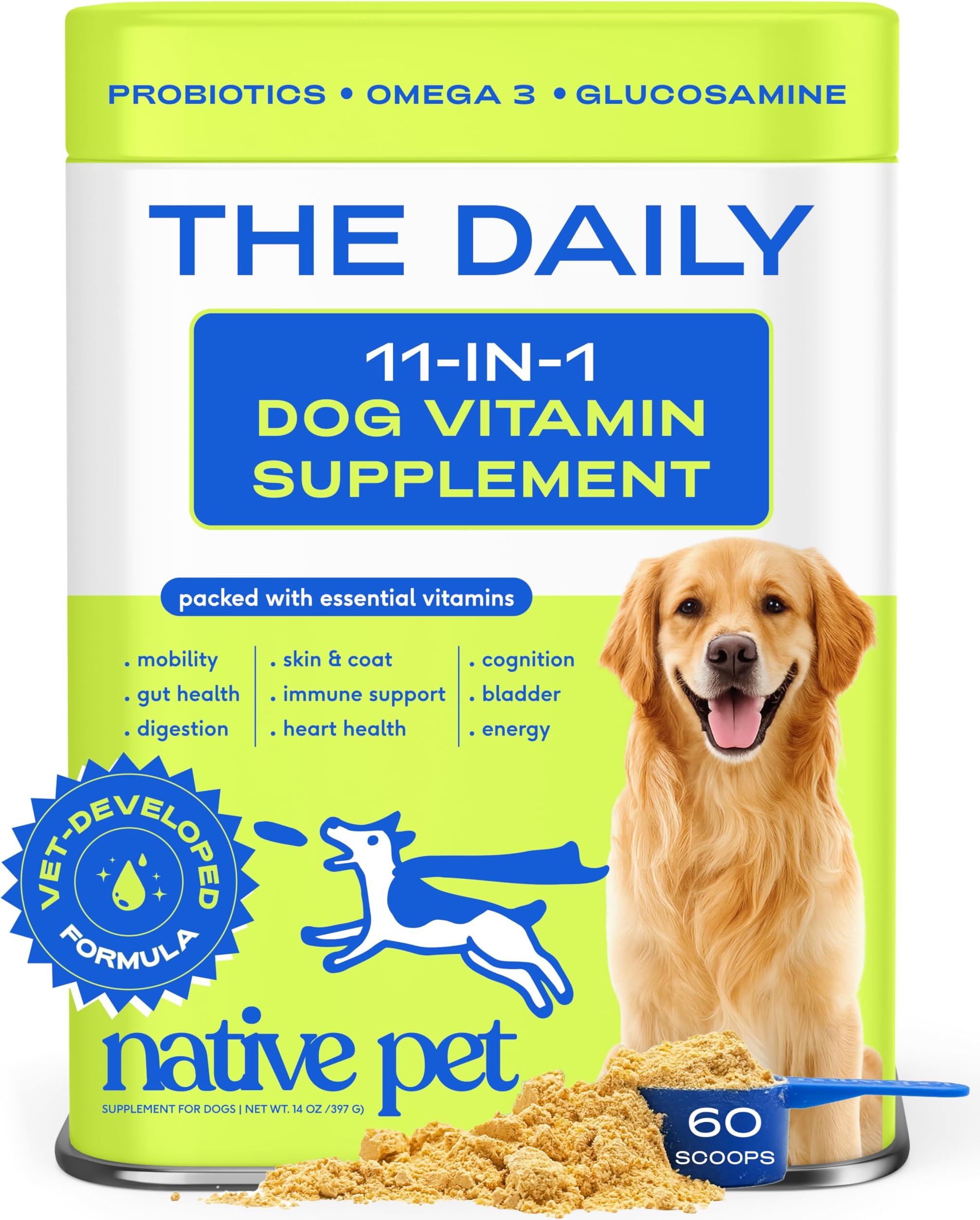 Native Pet Dog Vitamins & Supplements - 60 Scoops - 11-in-1 Multivitamin for Dogs with 21 Supplements & Vitamins – Nutritious Food Topper Powder - Pet Health & Puppy Essentials - 60 Scoops