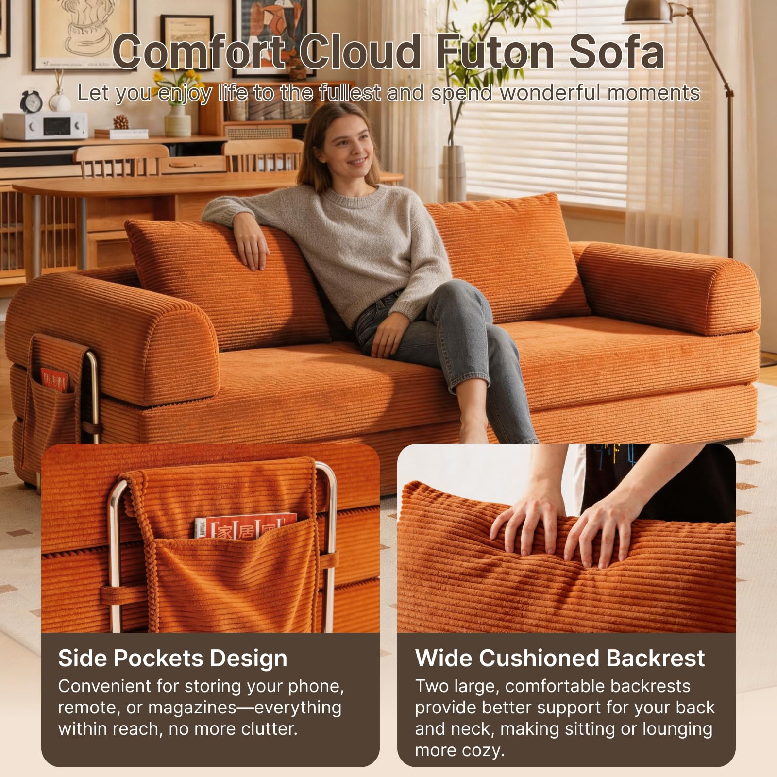 78" Convertible Sofa Bed, Corduroy Futon Couch with Storage Pocket, Boneless Pull Out Sleeper Sofa, Foldable Couch for Living Room Bedroom, No Assembly Space Saver, Orange
