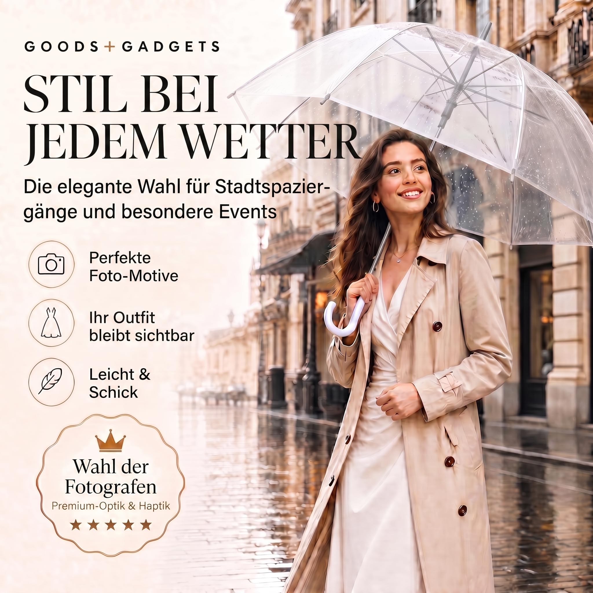 GOODS+GADGETS Durchsichtiger Regenschirm transparent, weißer Stockschirm Ø 100 cm; Eleganter Regenschirm in transparent - Das Fashion-Highlight