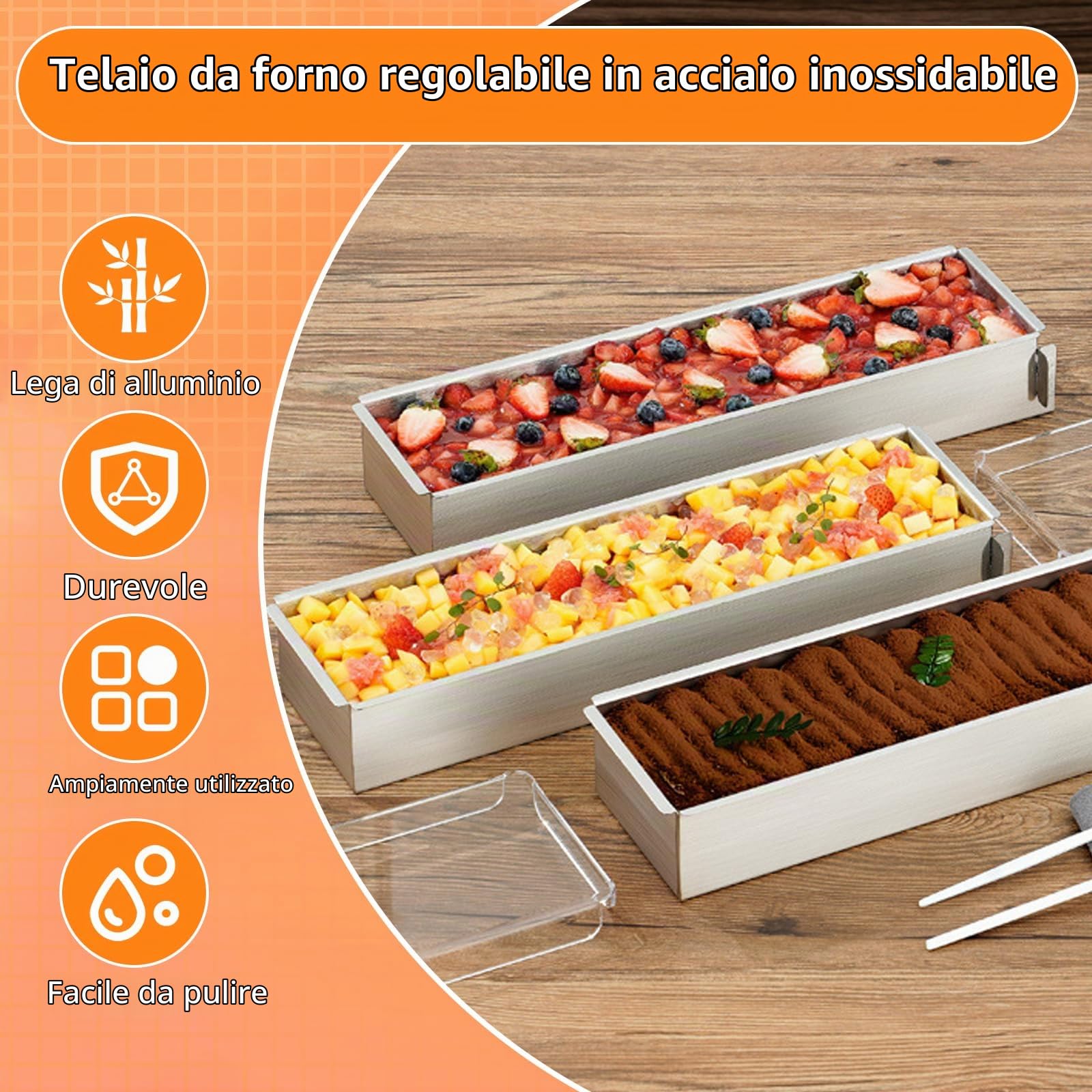2 Pezzi Teglia Forno Rettangolare, Stampo Torta Regolabile, Teglia Antiaderente per Tiramisù con Parte Laterale Rimovibile, Teglie da Forno di Alluminio per Torta, Mousse, Pane e Tiramisù (40cm)