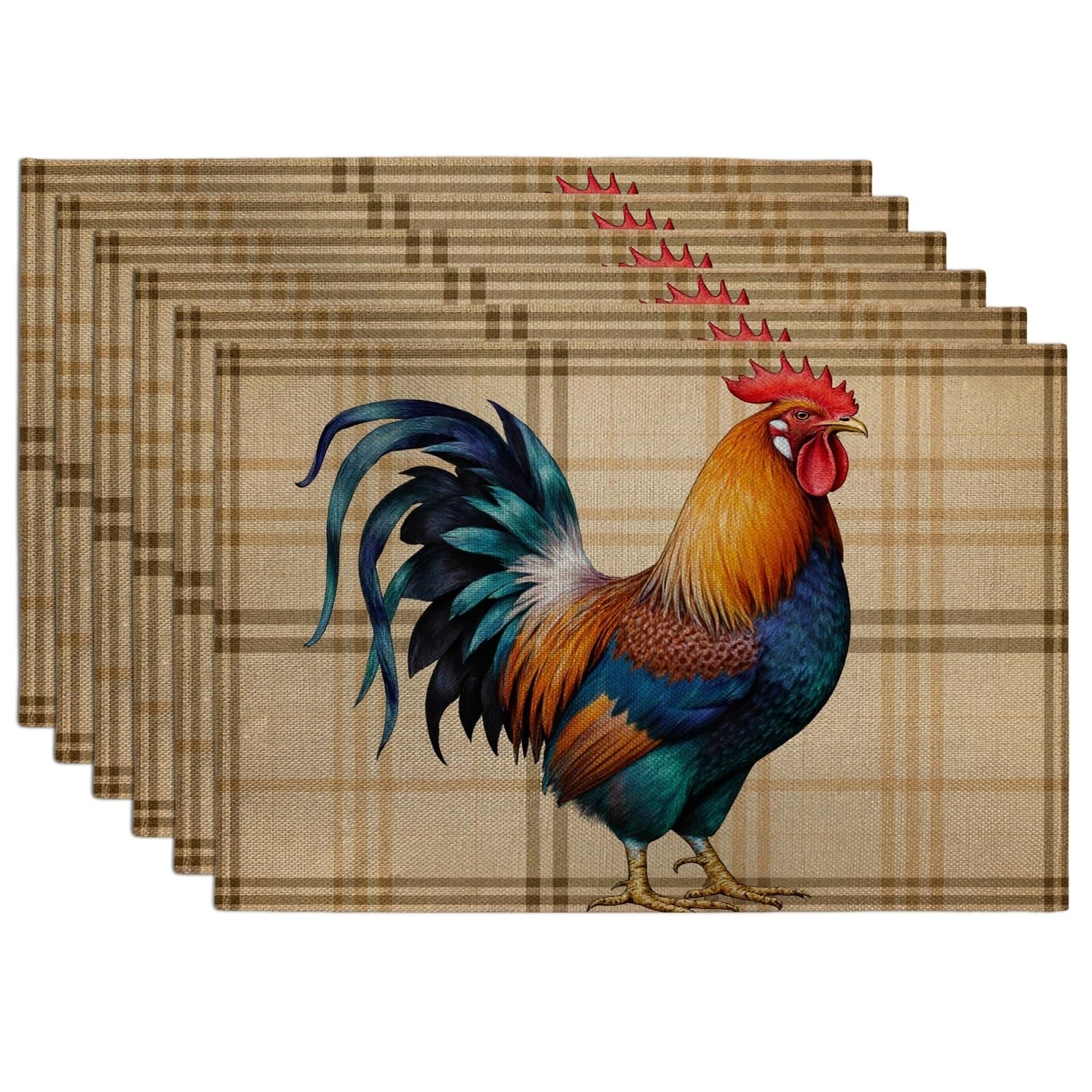 Rooster Print Placemats, Colorful Farmhouse Style Table Mats for Dining, Rustic Kitchen Decor, Non-Slip Washable Indoor Outdoor Placemat Set of 6