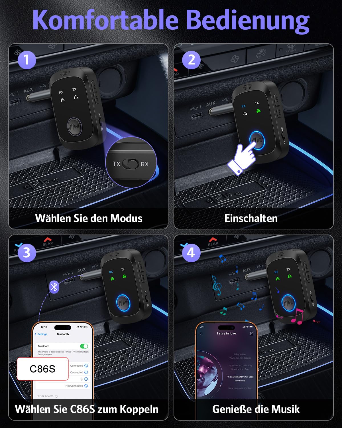 OQIMAX Bluetooth 5.4 Adapter Aux, 2-in-1 Bluetooth Transmitter Empfänger für 2 Kopfhörer, 3.5mm Aux Klinke Bluetooth Sender Low Latency, Kompatibel mit BT Kopfhörer, TV, Flugzeug, Auto, Fitnessgeräte - 5