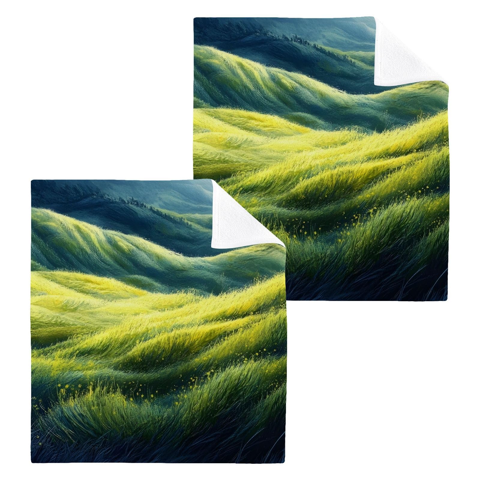 YANENDIE Spring Meadow Scene Washcloths Towels, Highly Absorbent and Soft Cotton Face Cloths, 2 Pack Quick Dry Wash Cloths - 12 X 12 Inches