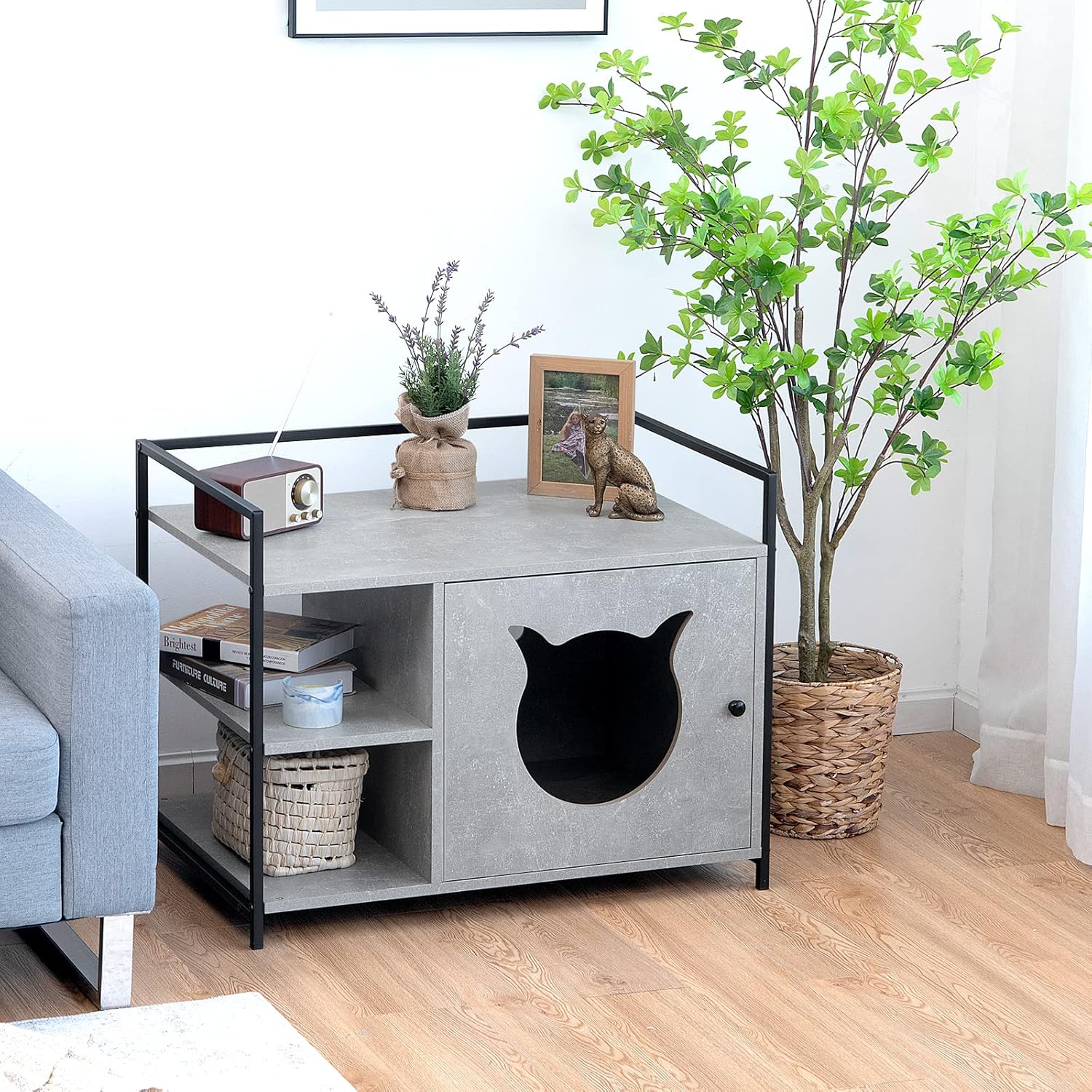 Tangkula Litter Box Enclosure with Shelves, 2-in-1 Hidden Cat Washroom & Side Table with Metal Frame, Wooden Cat Box Cabinet Litter Box Furniture (Grey)