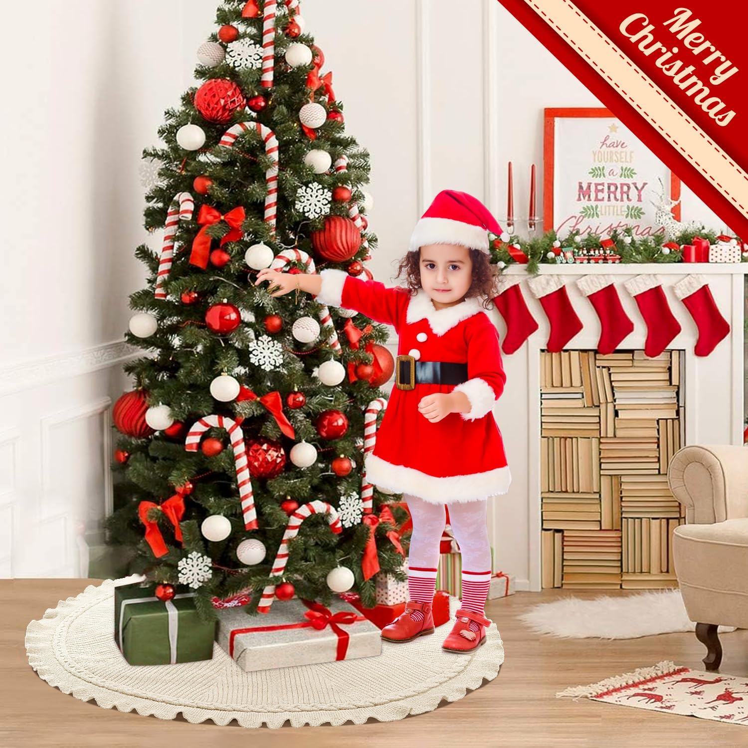 EIMMBD Christmas Tree Skirt, 48 inches Cable Knit Knitted Thick Rustic Christmas Trees Decoration for Xmas Indoor Home Holiday(A-Beige)